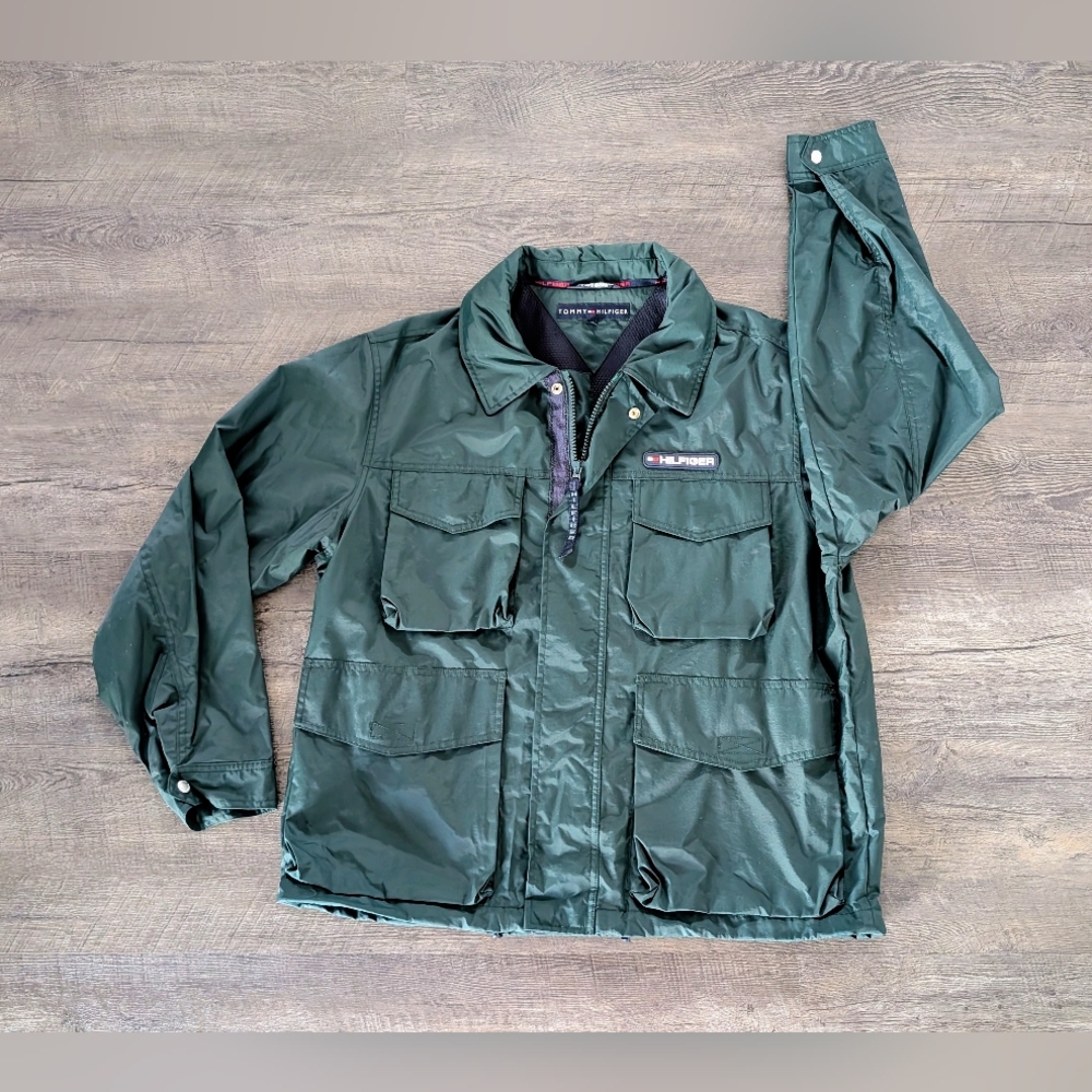 Tommy Hilfiger 90s Y2K Men's Green Army Style Full Zip Windbreaker Jacket Size L
